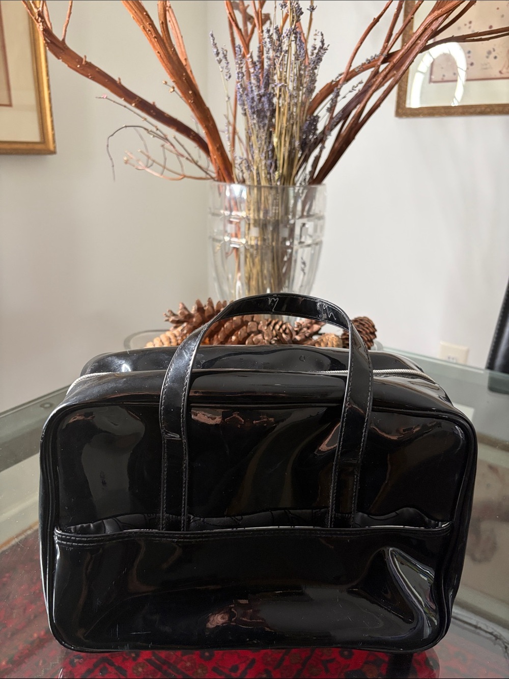 Lancome 2 piece Black Patent Cosmetic Carry Case and pouch